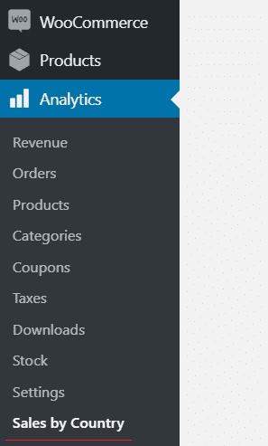 Our extension's entry in WP Admin sidebar, under WooCommerce Analytics